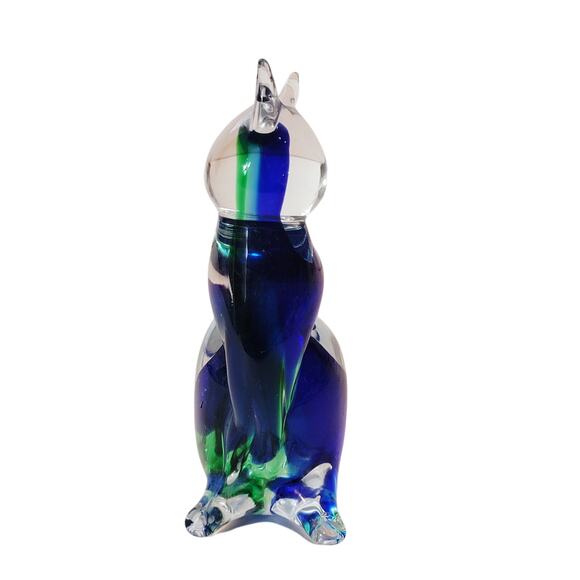 Murano Cat Art Glass Figurine Murano Italy Made Blue Green - Picture 1 of 9